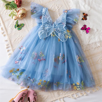Vestido de Festa Infantil de Verão – Princesa com Bordado de Borboletas, Laço nas Costas e Asas de Fada