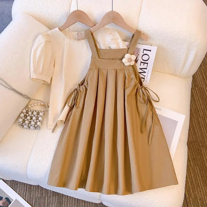 Conjunto Infantil de Verão para Meninas – Blusa e Saia com Alças, Estilo Floral