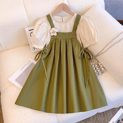 Conjunto Infantil de Verão para Meninas – Blusa e Saia com Alças, Estilo Floral