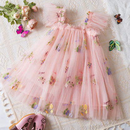 Vestido de Festa Infantil de Verão – Princesa com Bordado de Borboletas, Laço nas Costas e Asas de Fada