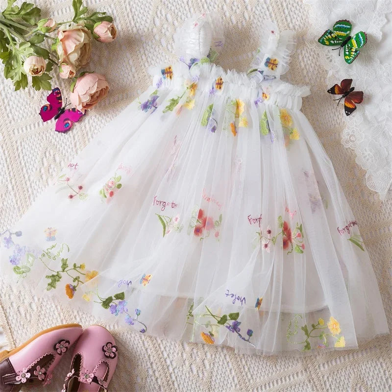 Vestido de Festa Infantil de Verão – Princesa com Bordado de Borboletas, Laço nas Costas e Asas de Fada